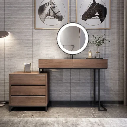 MUSE – Walnut Brown Modern Vanity Table with Powder-coated Black Metallic Base