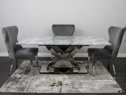 Rose 160cm Grey Marble Dining Table With Valentino Dark Grey Dining Chairs Lion Knocker | Louis Dining Sets