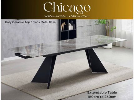 Chicago Extendable Dining Table 180–260cm Ceramic Grey Top with Black Legs – Seats 4 to 12 | Louis Dining Sets