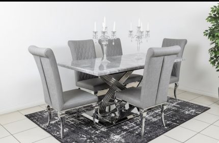 Rose 160cm Grey Marble Dining Table + London Leather Light Grey Dining Chairs | Louis Dining Sets
