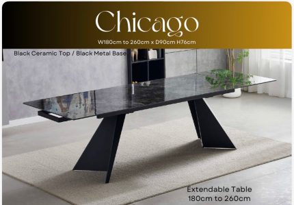 Chicago Extendable Dining Table 180–260cm Ceramic Black Top with Black Legs – Seats 4 to 12 | Louis Dining Sets
