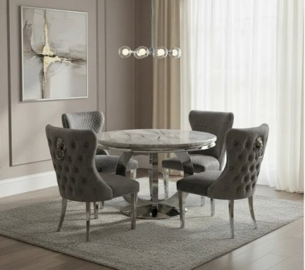 1.3M Chealse Round Round Dining Table Set With 4 Valentino Dark Grey Dining Chairs Lion Knocker | Louis Dining Sets