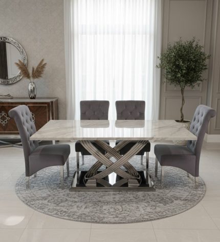 Rose 160cm Grey Marble Dining Table + Sofia Dark Grey Dining Chairs Lion Knocker | Louis Dining Sets