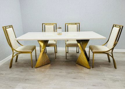 Rocco 180cm Cream And Gold Dining Table + Windsor Cream And Gold Dining Chairs | Louis Dining Sets