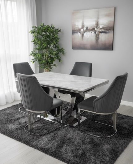 London Grey Marble Dining Table Set With Milan Dark Grey Dining Chairs | Modren Dining Furniture | Louis Dining Sets