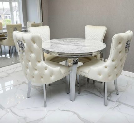 1.1M & 1.3M Louise Round Marble Dining Table + Cream Dining Chairs Lion knocker